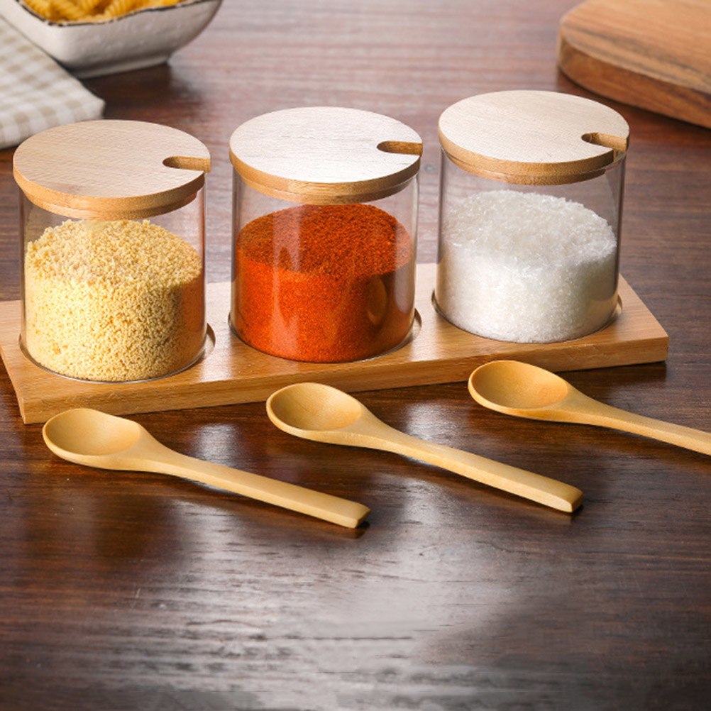 Spice Condiment Storage Jar with Wooden Spoon & Bamboo Lid
