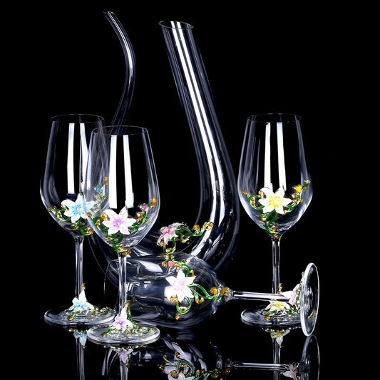 Enamel Lily Crystal Glass Decanter Set /Wedding Gift Set