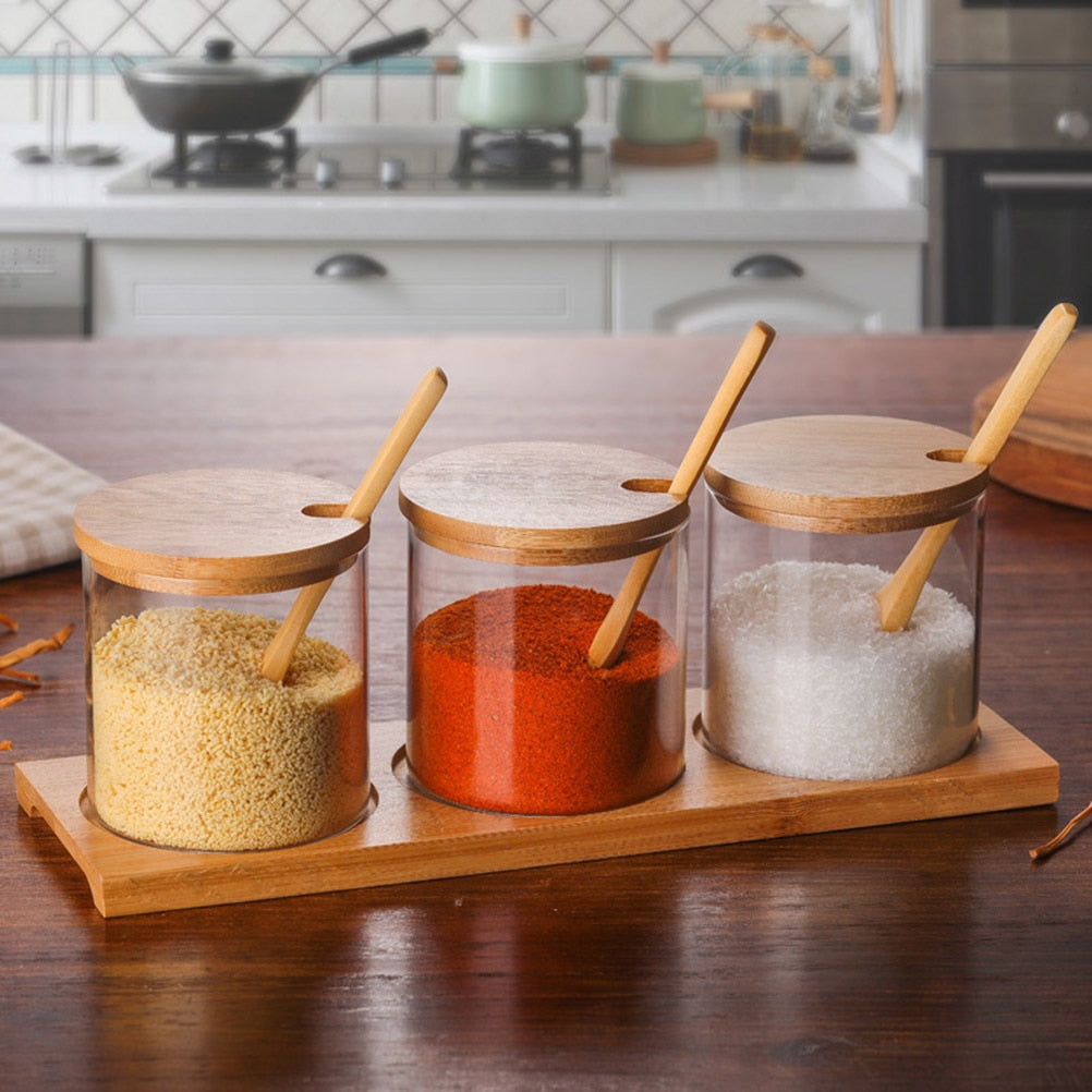 Spice Condiment Storage Jar with Wooden Spoon & Bamboo Lid