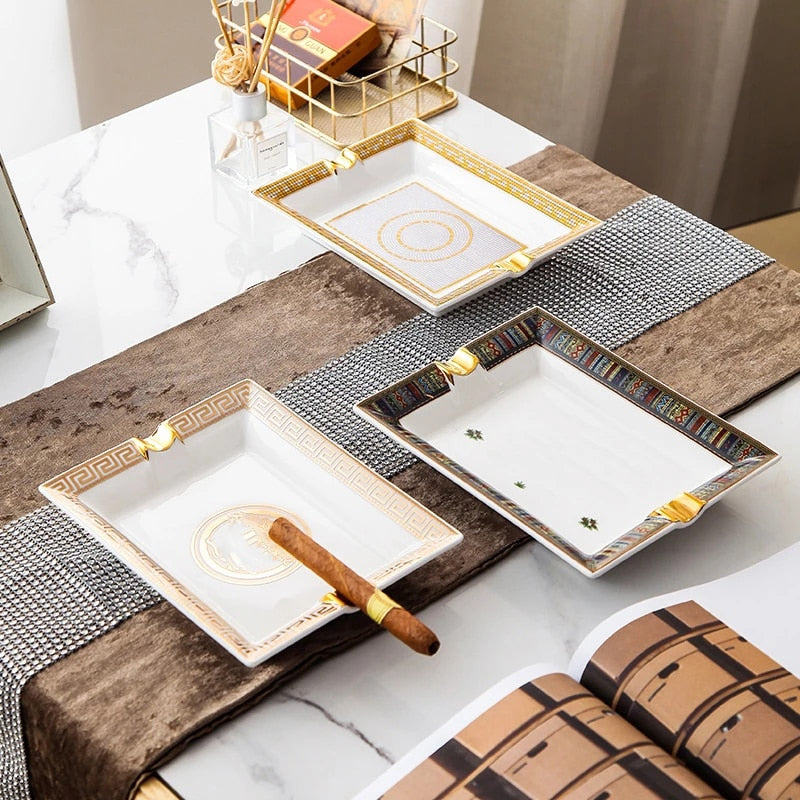 European Luxury Grid Pattern Ceramic Cigar Ashtray